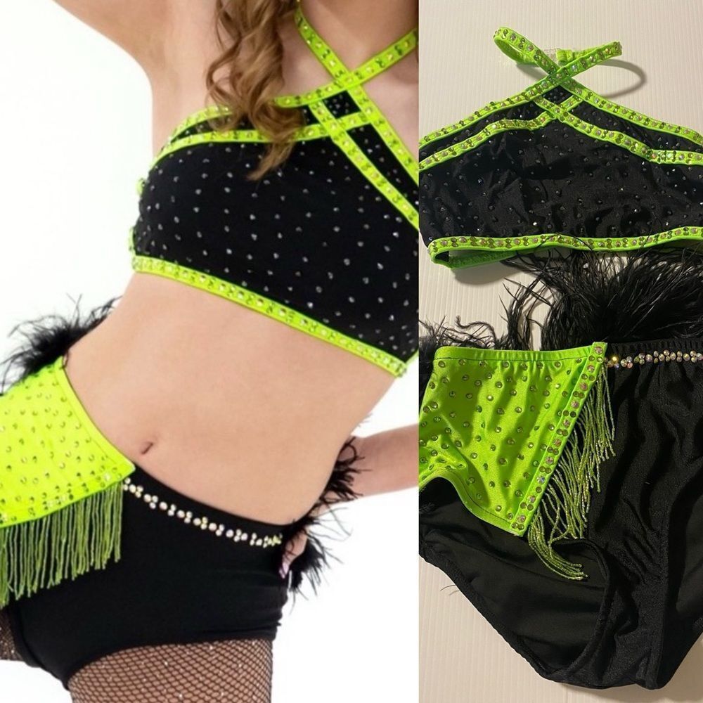 Rare Glamour competition solo dance costume neon feather fringe jazz 2 piece XLC